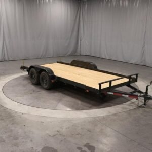 Heavy-duty open deck car trailer with dual axles and wood plank flooring
