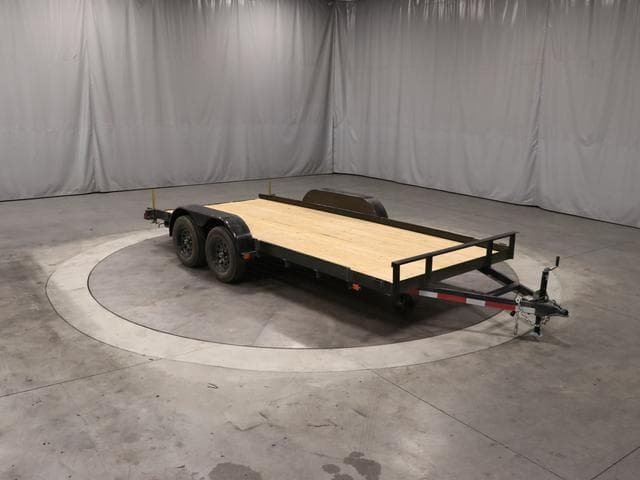 AYW004.jpg Heavy-duty open deck car trailer with dual axles and wood plank flooring